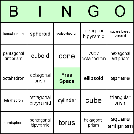 3D Shapes Bingo Card