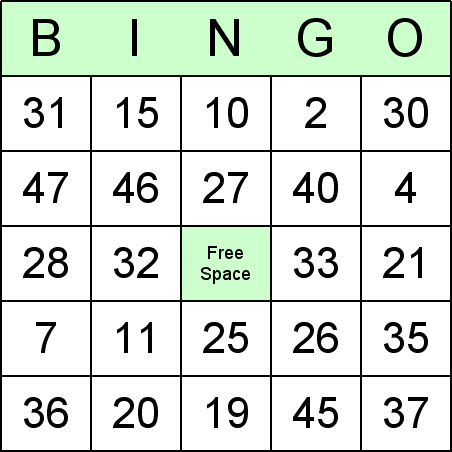 Addition Bingo Card
