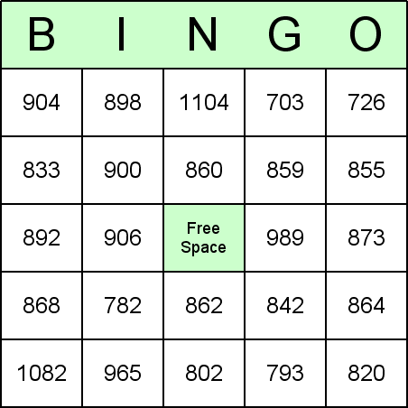 Long Addition Bingo Card